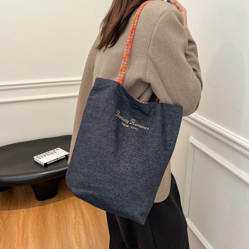 Korean Version of Red Plaid Double-sided Denim Shoulder Bag Fashion Trend Large Capacity Portable Canvas Bag Retro Tote Bag
