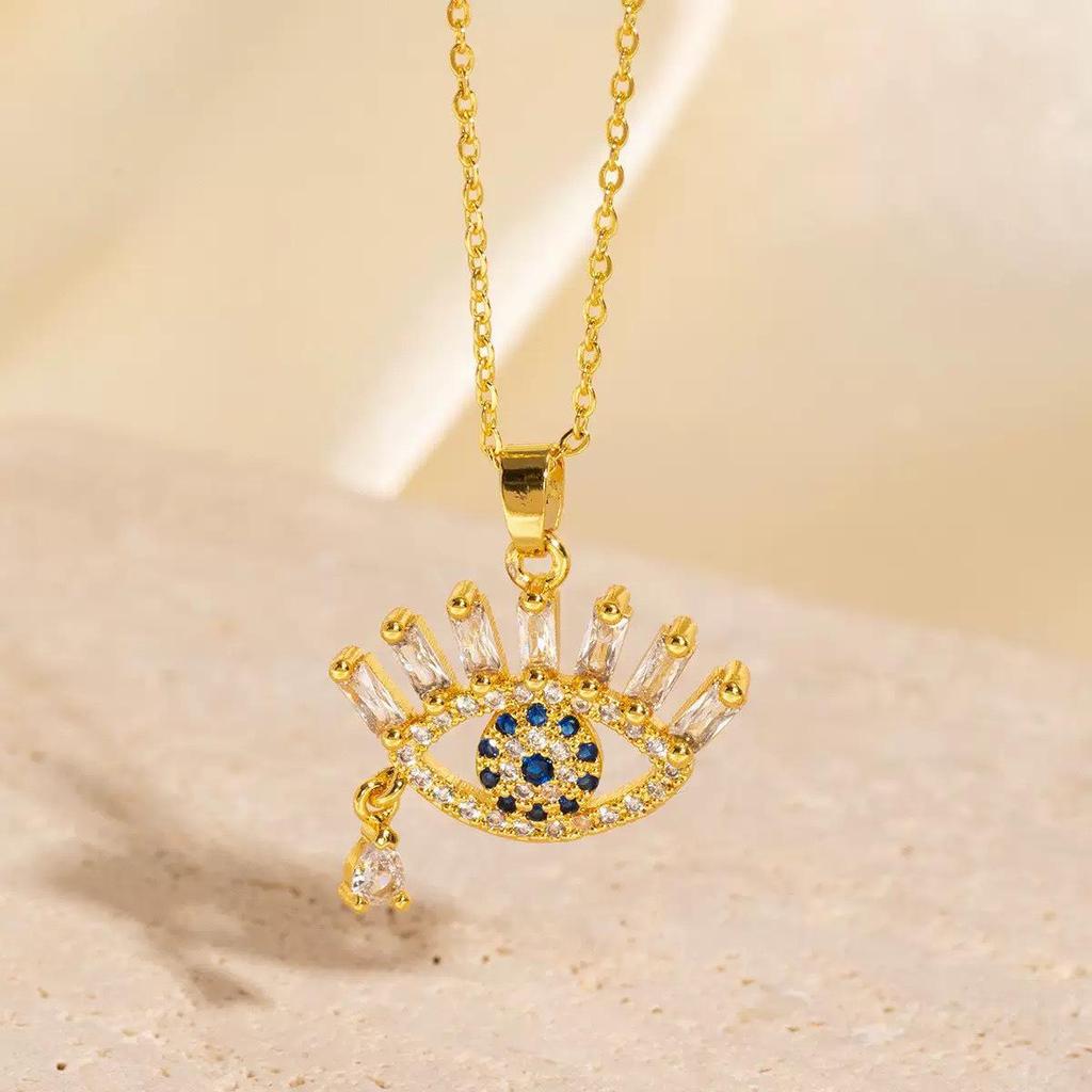 Cross Devil's Eye Necklace: Colorful Zirconia Pendant on Titanium Steel Clavicle Chain