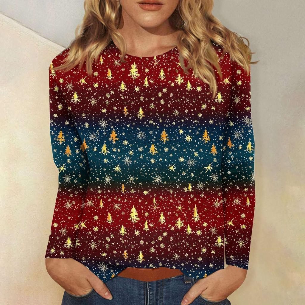 T-shirt à manches longues et col rond pour femme, décontracté et tendance, imprimé de Noël