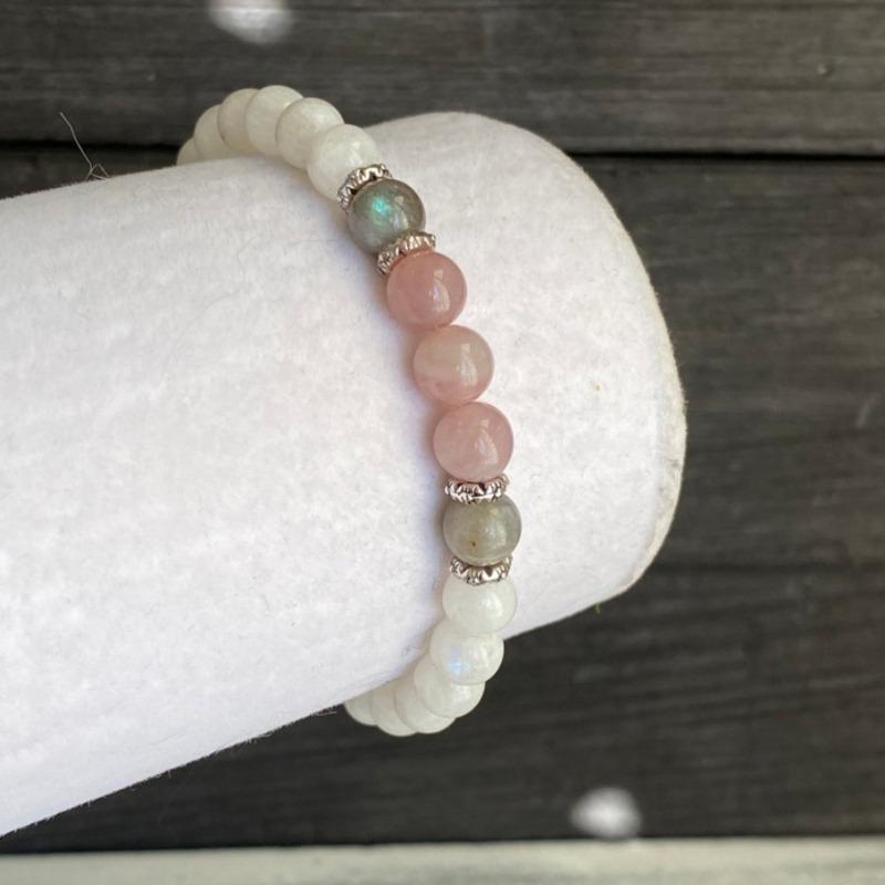 1 bracelet en perles de quartz rose pour femme, élégant bracelet rond en pierre de lune et labradorite, extensible, bijoux cadeau