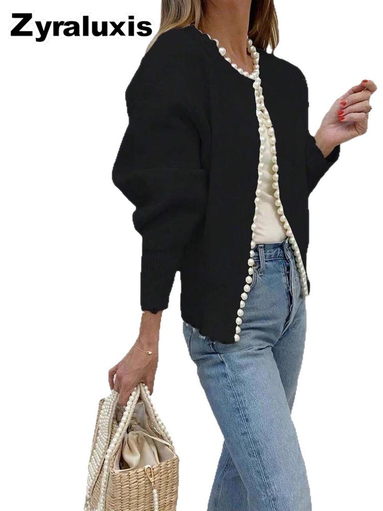 Women's Knitted Cardigan with Pearl Trim for Casual Wear