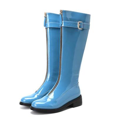 Sapatos de couro de vaca para outono e inverno, salto médio grosso, tamanho grande 45, tamanho 44, cor azul damasco, botas femininas quentes até o joelho