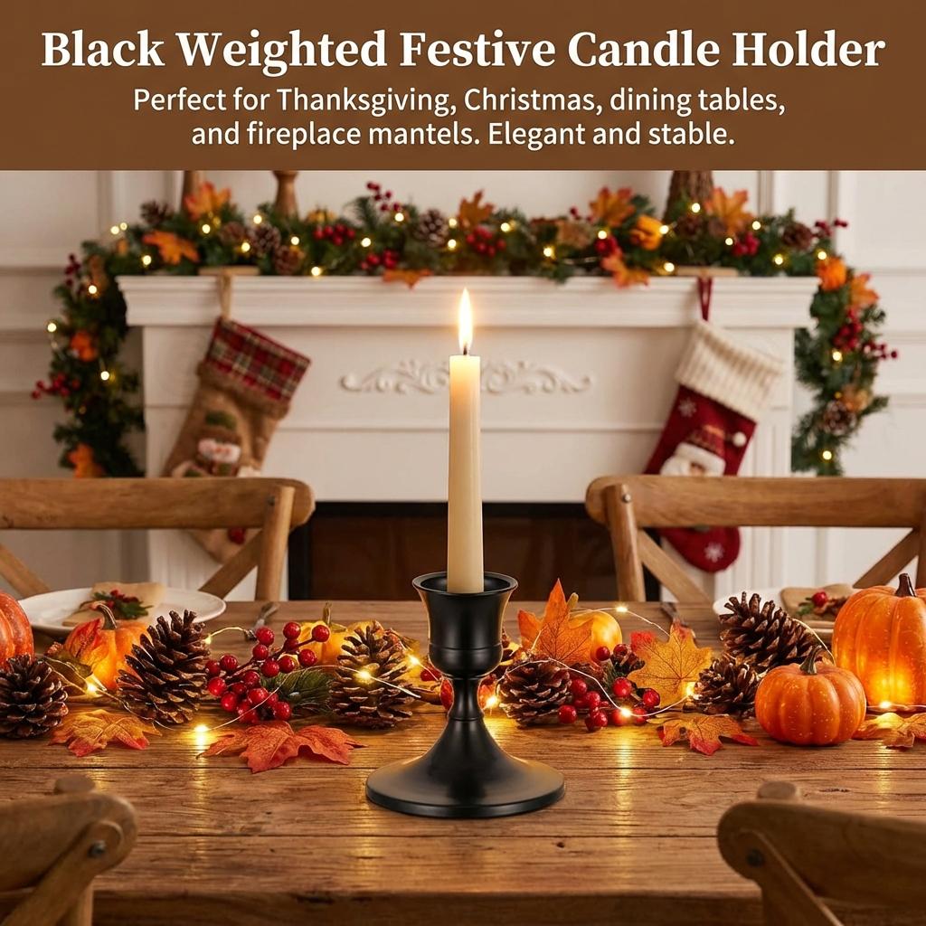 Black Candle Holder for Holiday Decor Thanksgiving Christmas Table Fireplace Ornament Stable Base Resin Material