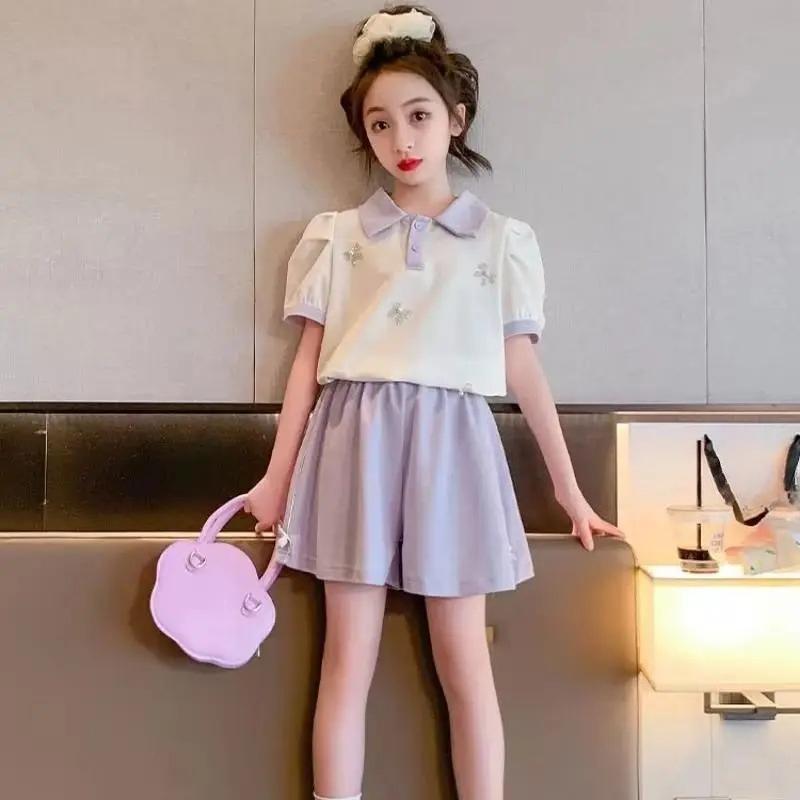 

Summer Suit for Girls Baby Short Sleeve T-shirt + Loose Shorts Two-piece Set Children Cute Clothing 6-12 Years Old 120 фиолетовый