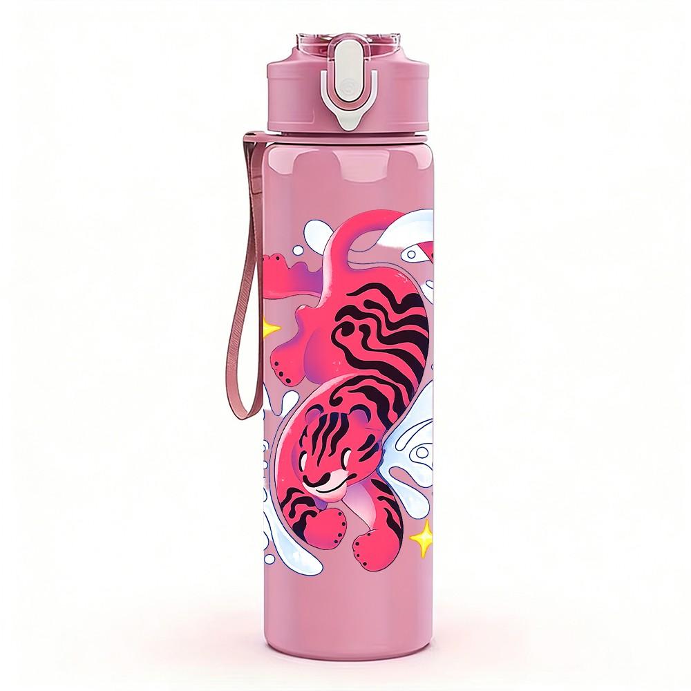 1PC Pink Tiger Ink Splash Art Print 750ml Color Plastic Sports Water Bottle Leakproof Flip Straw Lid Suitable for Sports Office Home Use