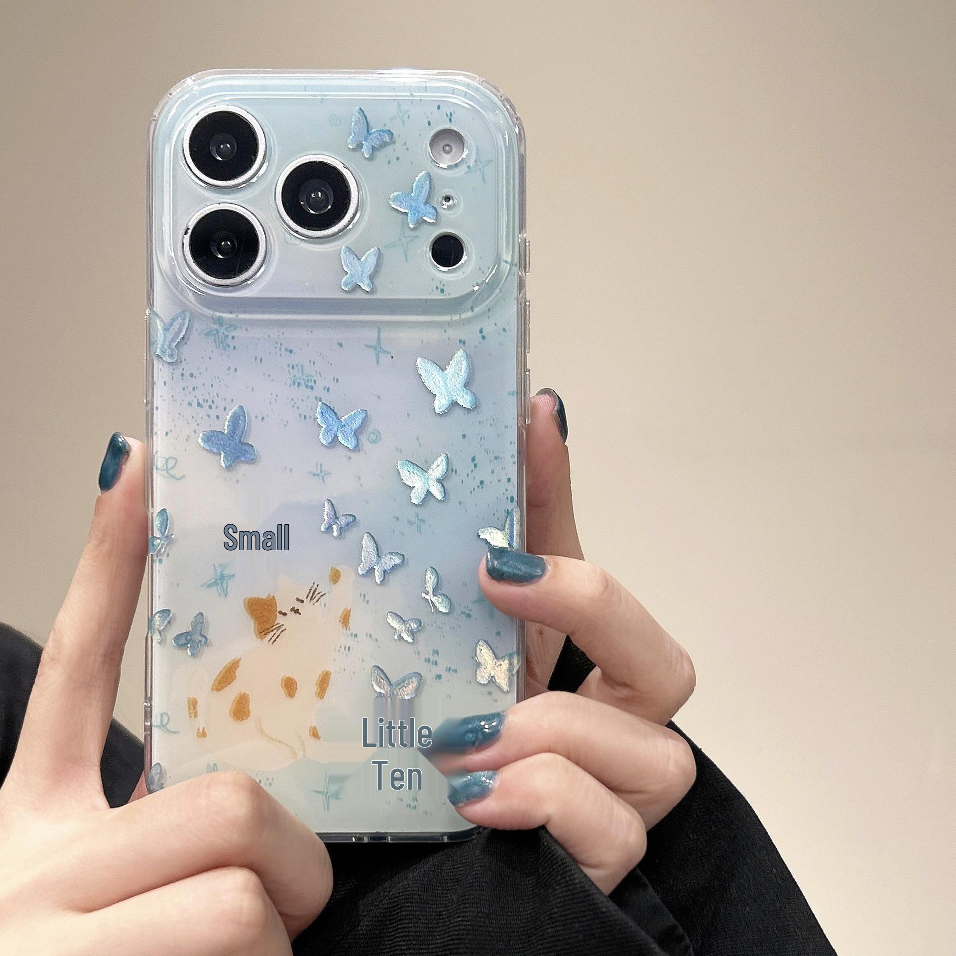 Korean Style Blue Gold Foil Cat & Butterfly iPhone 17 Pro Max/16/15/14 Case for Women iPhone 15 Pro Max