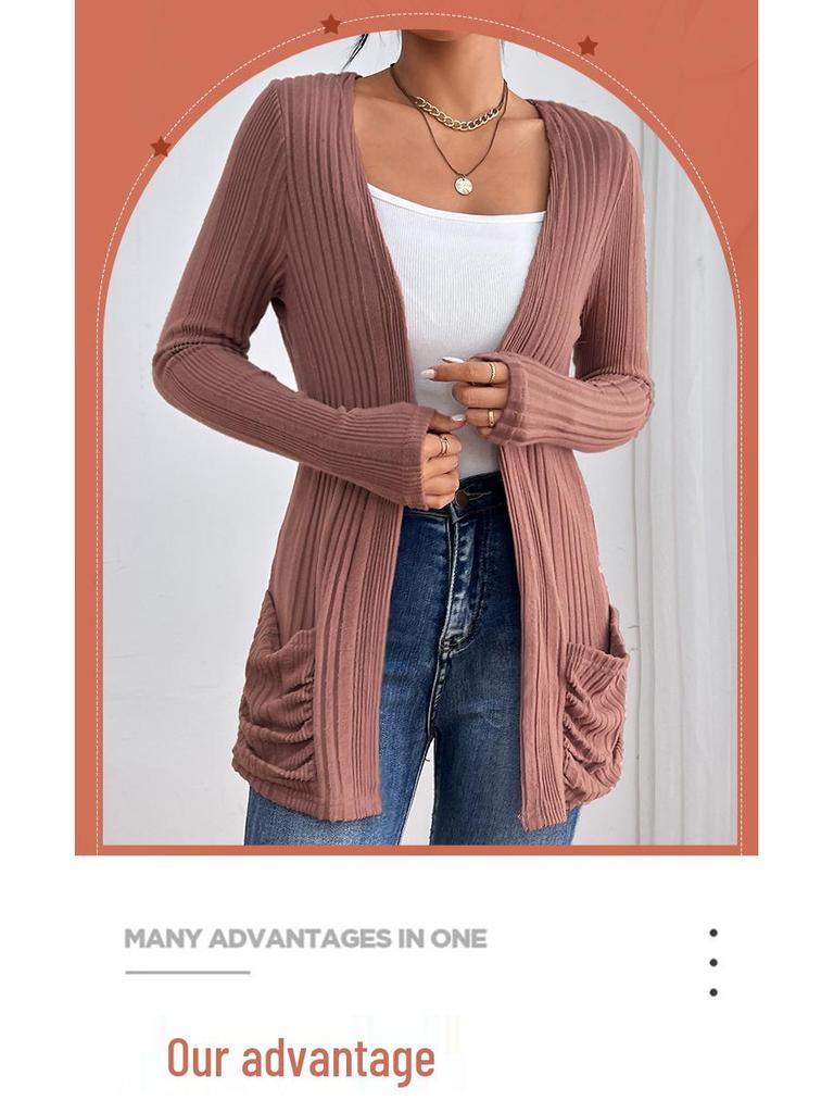 European and American Solid Long-Sleeve Mid-Length Knitted Cardigan with Pockets - Autumn/Winter Sweater