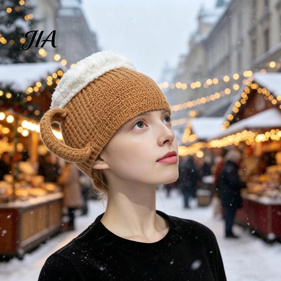 Unique 3D Beer Cup Headwear Funny Mug Hat, Novelty Knitted Leg Warmers Hat with Handles, Winter Warm Gloves for Adults Men And Women Cozy Thanksgiving
