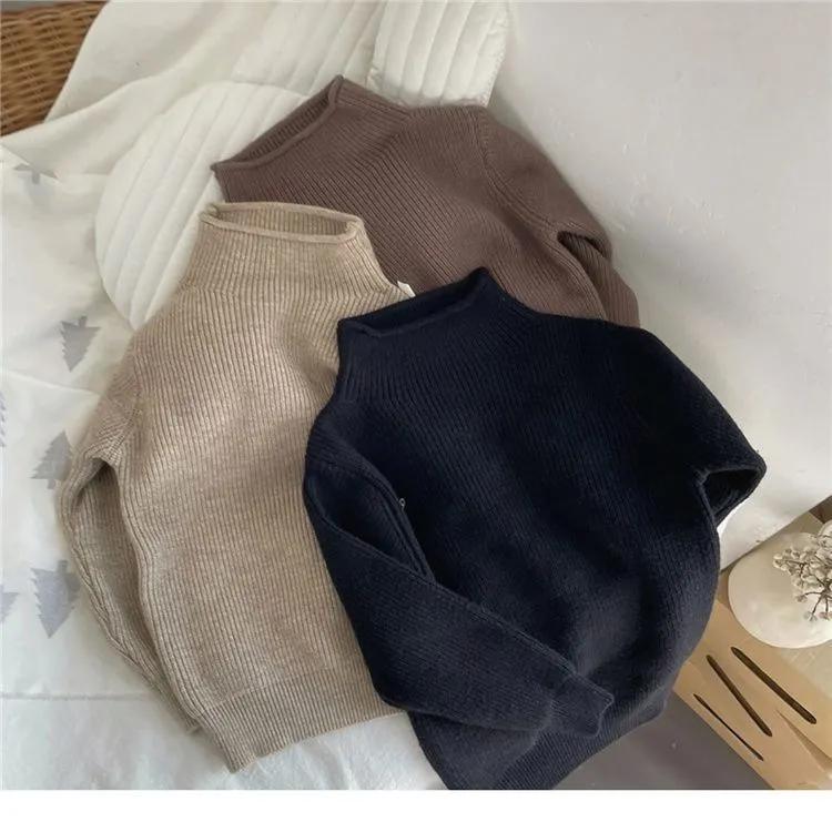 Children's Autumn/Winter Solid-Color Crewneck Knit Sweater Solid-Color Minimalist Long-Sleeve Pullover Top