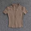 Camisetas de entrenamiento adelgazantes de cintura de verano de alta calidad para mujer, de secado rápido, con cuello alto ajustado y cremallera completa, camisetas de yoga de manga corta.