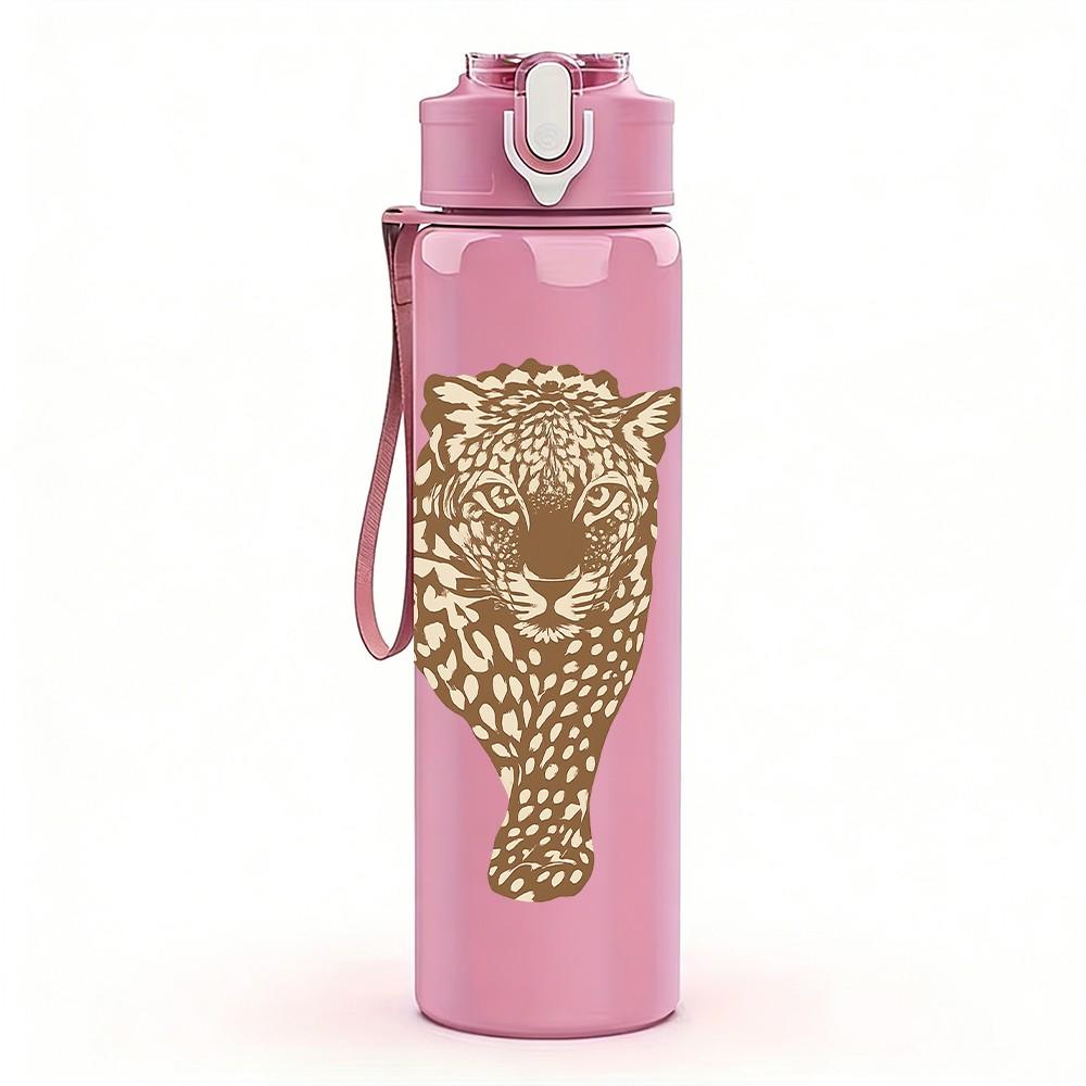 1PC Vintage Leopard Head Print 750ml Color Plastic Sports Water Bottle Leakproof Flip Straw Lid Suitable for Sports Office Home Use