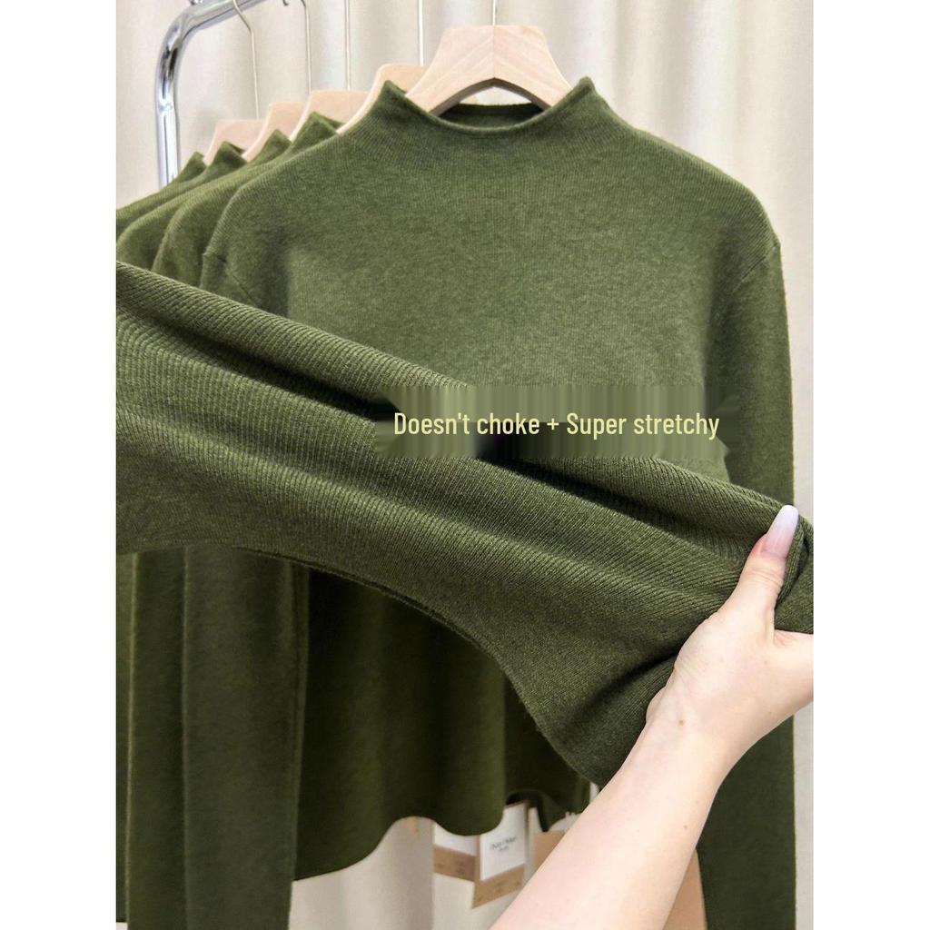 Women's Dark Green Half-High Neck Knitted Sweater - Autumn/Winter Base Layer