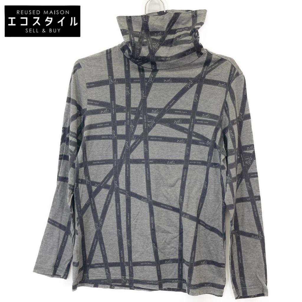HERMES Margiela-era ribbon pattern long-sleeved shirt tops S Black GreyUsed
