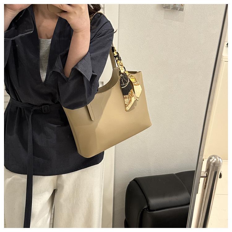 Chic Silk Scarf Handle Tote Bag for Women Stylish Bucket Shoulder Handbag