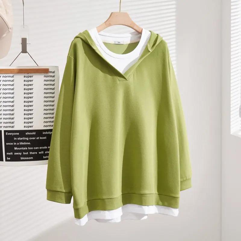 Sweatshirt for Women Cotton Loose Oversized False Two Piece Comfortable Round Neck Casual Pullover Top Hooded Sweatshirt