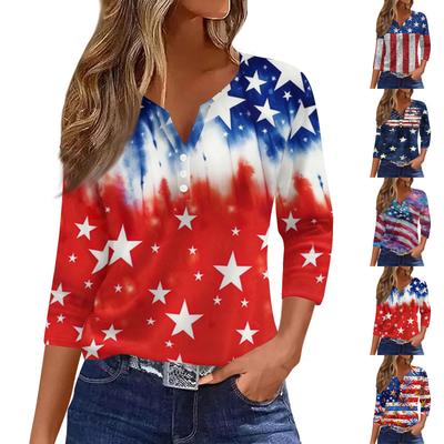 Damen Mode Lässig Unabhängigkeitstag Amerikanische Flagge Sterne und Streifen Print Kragen V-Ausschnitt Dreiviertelärmel Dekorative Knopfleiste T-Shirt Top