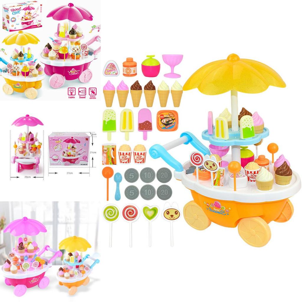 Premium 39pcs Kids Cake Food Ice Cream Cart Shop Toy Pretend Play Set With Music