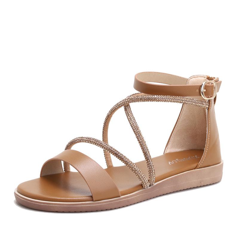 Einwort-Sandalen Damen Sommer neu Strass offene Zehen flach Absatz Übergröße Römerschuhe -