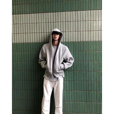 Men's Heather Grey Fleece Hooded Cardigan Jacket with Double-Headed Zipper, Retro Spring/Autumn Style