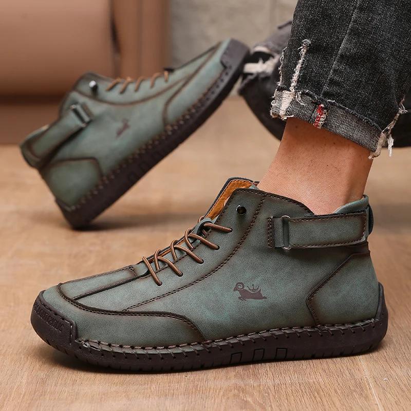 

Мужские кожаные ботильоны ручной работы, ретро-дизайн, походные лоферы, уникальная удобная обувь, роскошные мужские ботинки 2025, новинка 38 зелёный