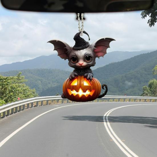 Halloween Decoration Witch Hat Bat Pumpkin Pendant 2D Acrylic Cat Rearview Mirror Charm Festive Atmosphere Enhancer