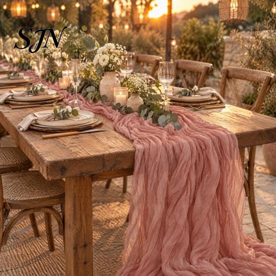 Rustic Wedding Table Decor Cheesecloth Runner, Boho 35 x 118 Inches Soft Gauze Runner for Parties Solid Color Wrinkled Party Bridal Shower Elegant
