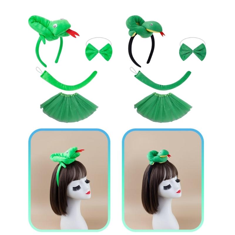 Snake Role Play Costume Set with Headband Tail Bowtie Skirt Halloween Snake Outfit Accessory for Kids Boy Girl Cosplay