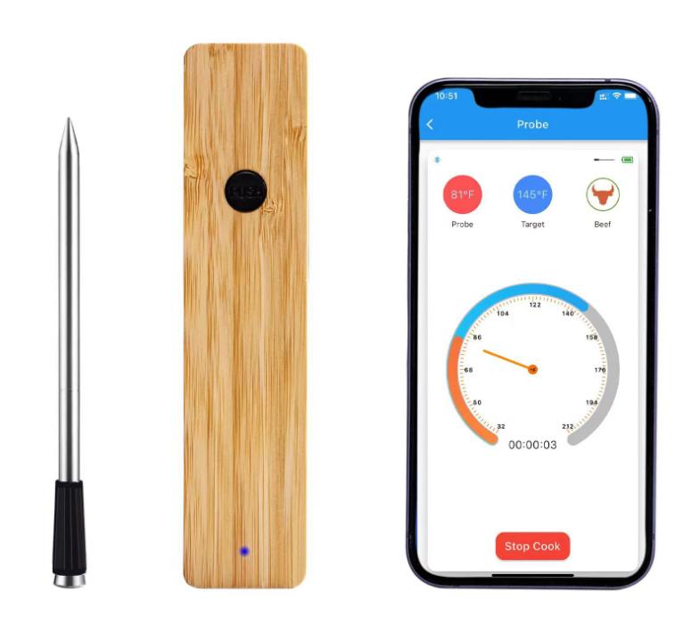 

SUS BBQ Meat Thermometer with Bluetooth 5.2, 24-hour battery life, 1-second response, 500mAh probe, temperature detection, and voice alert.
