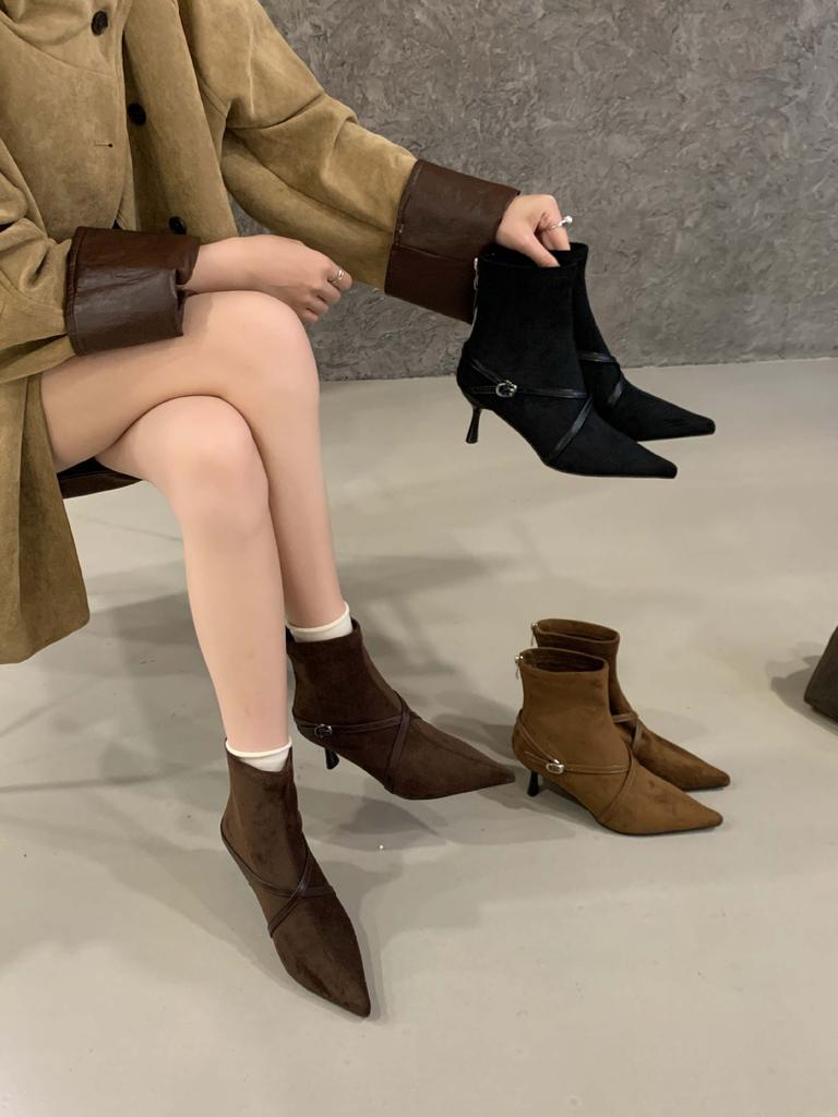 European and American Cross Belt Buckle High-heeled Short Boots, New Suede Pointed Thin Heel Rear Zipper Thin Boots In Autumn and Winter 2025