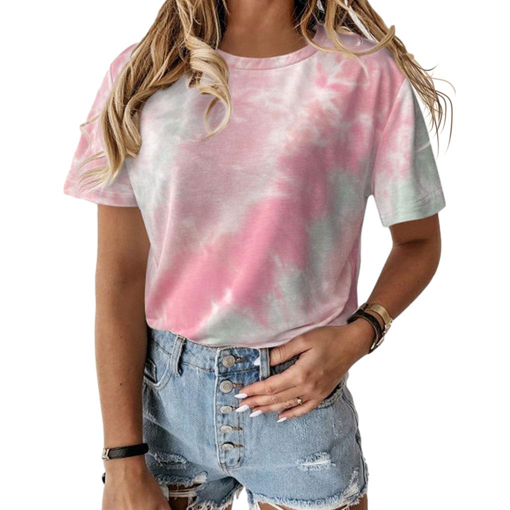 Women Tie-dye Printed Round Neck Short Sleeve Shirt