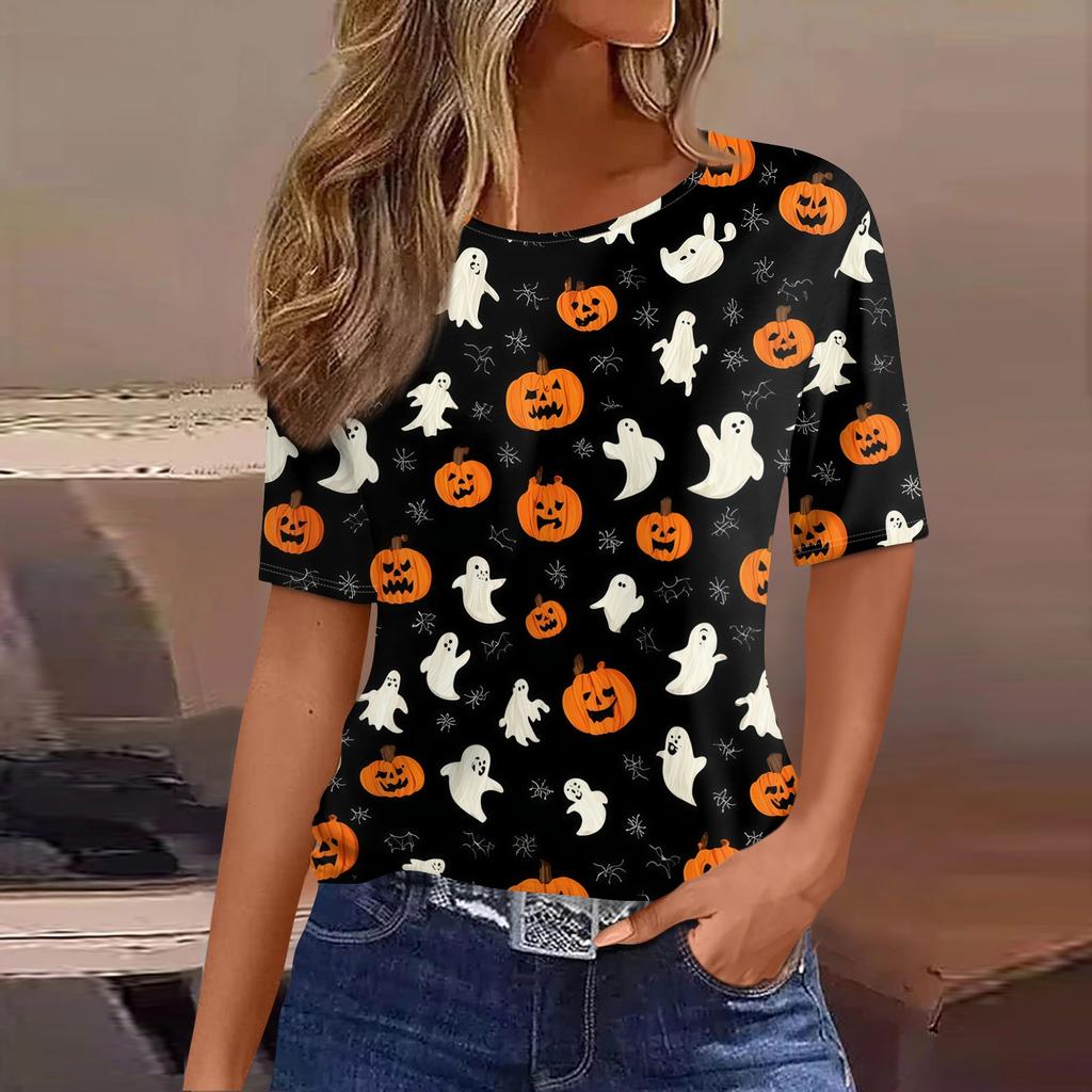 Women's Casual Short Sleeve Pullover Top Halloween Bat Pumpkin Print Round Neck Lightweight Shirt for Everyday Wear