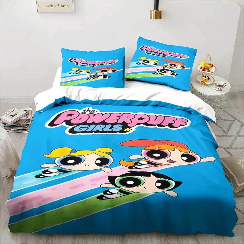 Anime Powerpuff Cute Grils Cartoon Bedding Set Duvet Cover Bed Set Quilt Cover Pillowcase Comforter King Queen Size Boys Adult