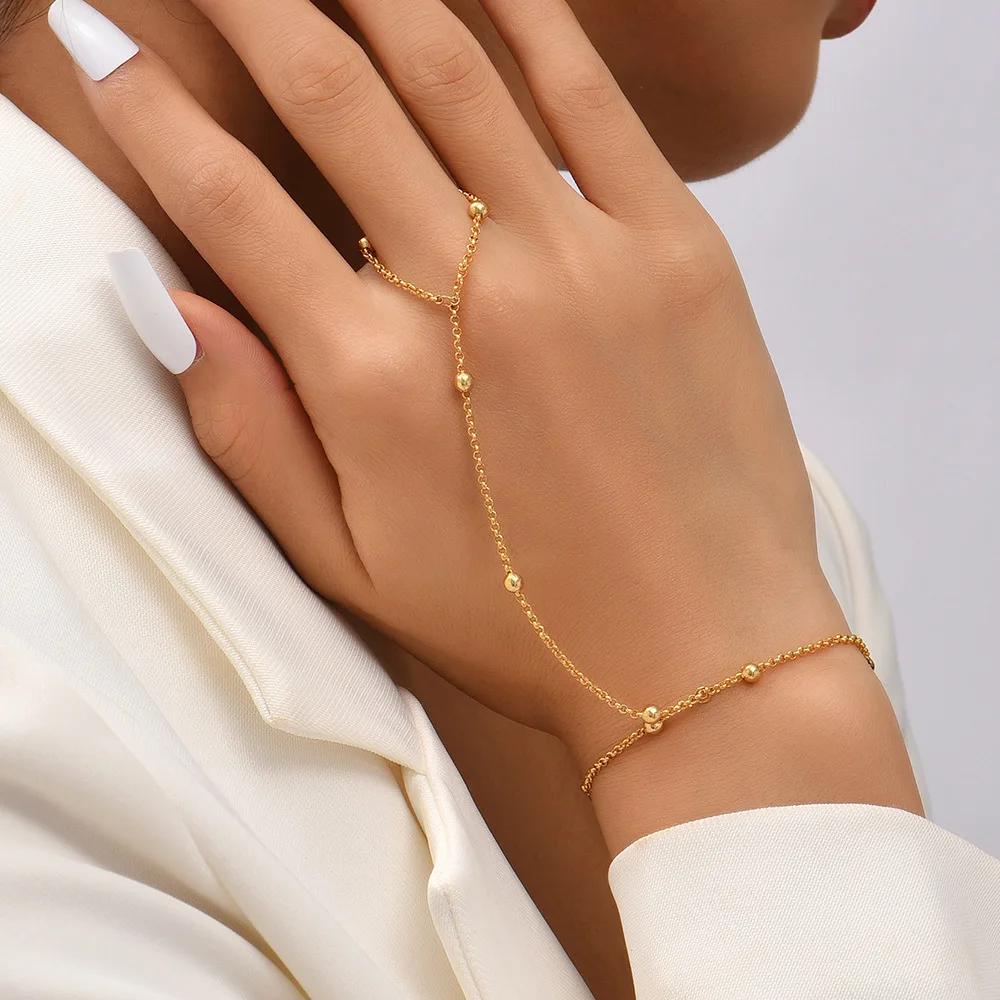 Simple Heart Slave Chain Bracelet Gold Plated Link Connected Wide Finger Ring Bracelets Jewelry Gifts For Women Girls
