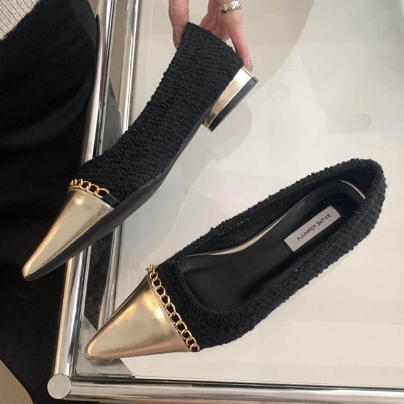 Fashion Fashion Metal Chain Decoration Low-heeled Shoes Women Elegant Pointed Toe Shallow Brand Designer Shoes Comfort Zapatos De Mujer
