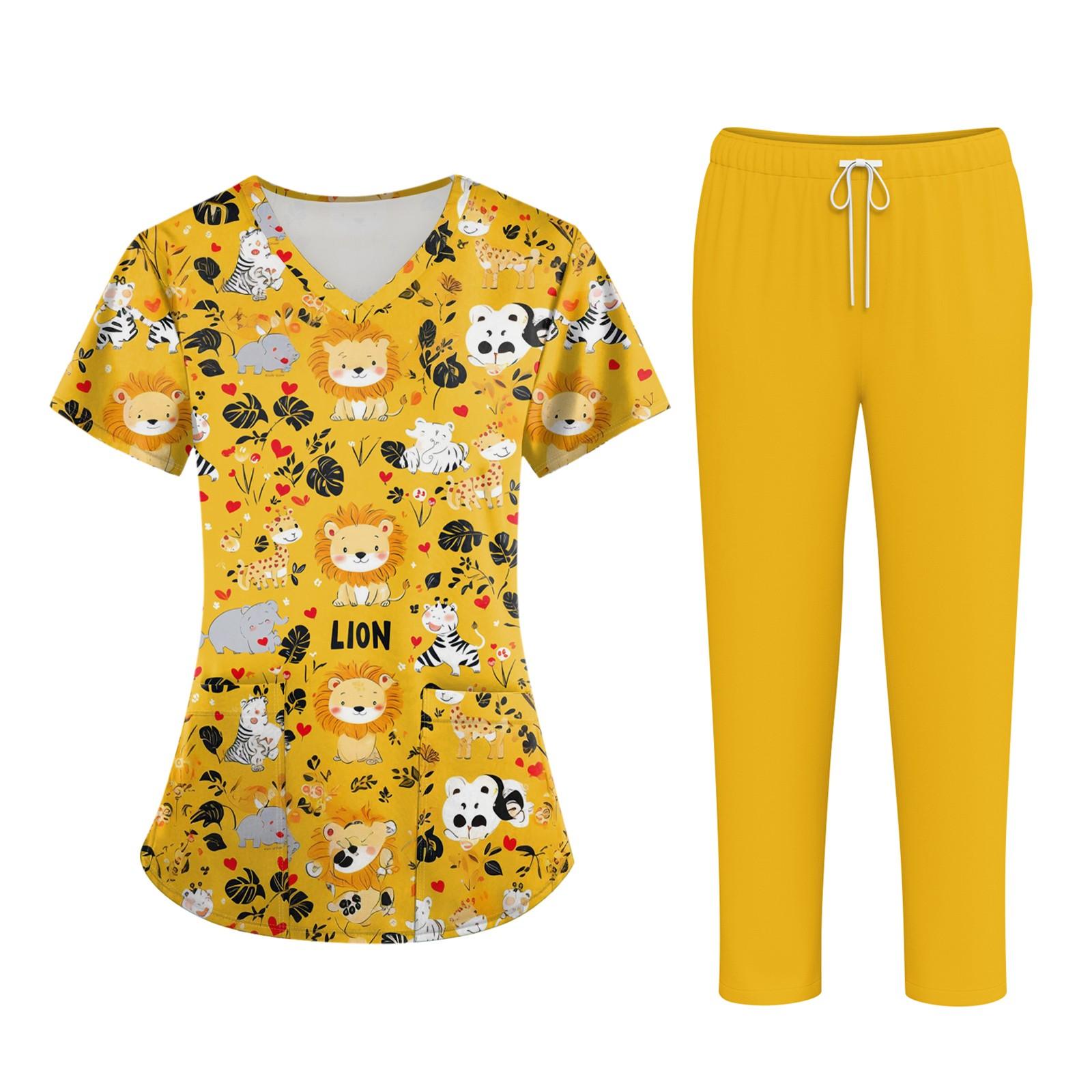 

Плюс размерСкраб с принтом Рабочая форма Топы для женщин Крест V-образным вырезом Хэллоуин Принт с короткими рукавами Забавные футболки Спецодежда Футболка с карманами L жёлтый