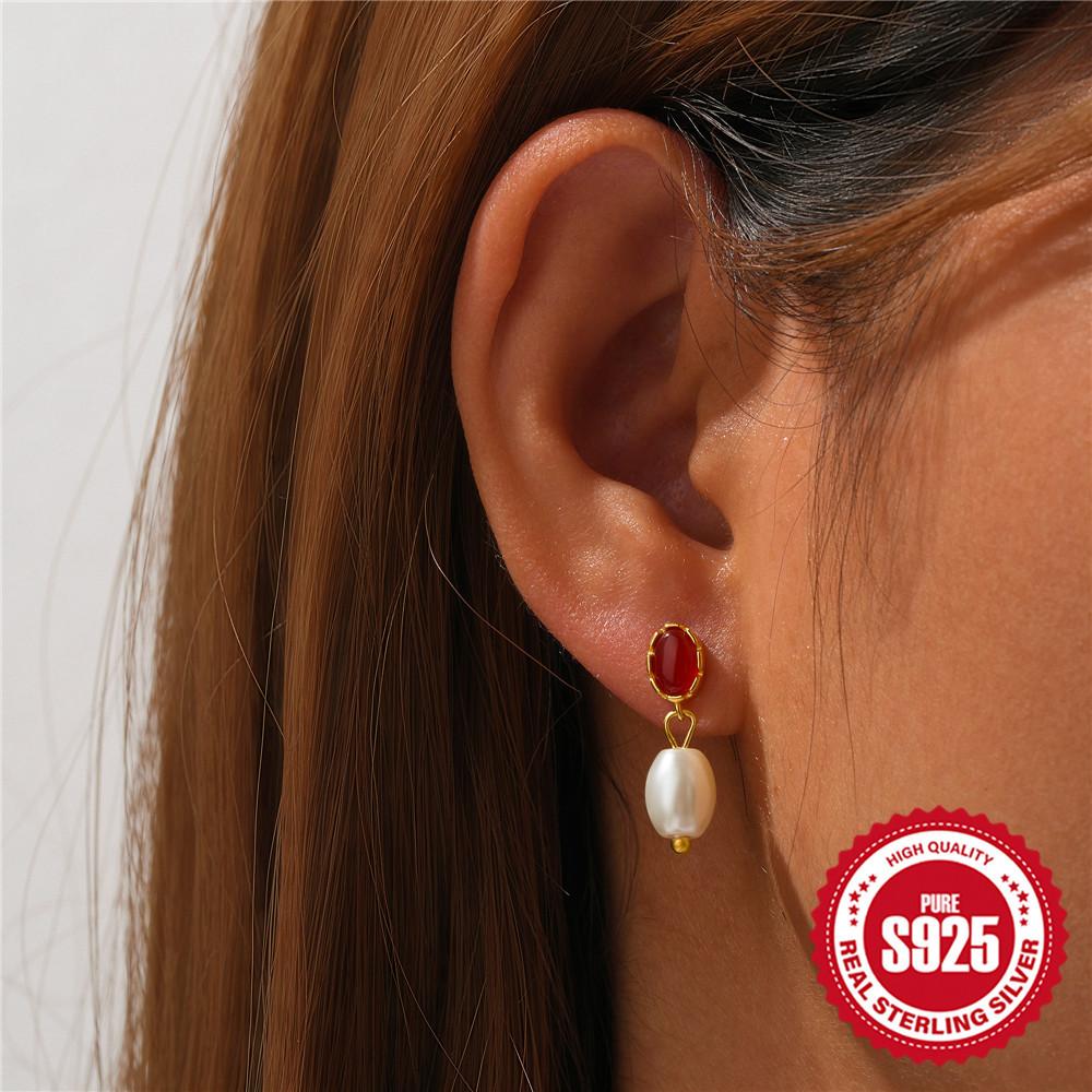 S925 Sterling Silver Style Simple Fashion Retro Horse Eye Diamond Pearl Earrings Earrings Design Sense Pearl Earrings
