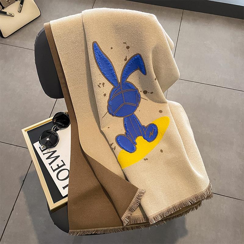 Cool and Handsome Cartoon Rabbit Scarf for Women Double Sided and Two Color Trendy Personalized Versatile Letter Imitation Cashmere Shawl Scarf
