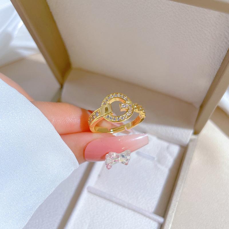 Łańcuszek ze Złota Pierścionek Otwarty Pełen Diamentów Kształt G Prosty Regulowany Biżuteria Japoński Pierścionek Pierścionek dla Pary