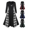 Women O-neck Long Sleeve Midi Dress Plaid Print Stitching Double Breasted Bowknot Decor Skater Hem A-Line Night Party Dress Streetwear