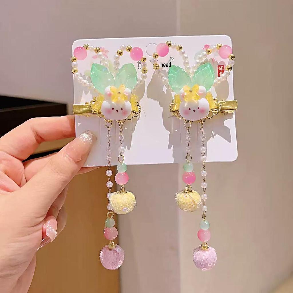 Beaded Pearl Rabbit Ears Tassel Hair Clip – Traditional Chinese Style for Kids