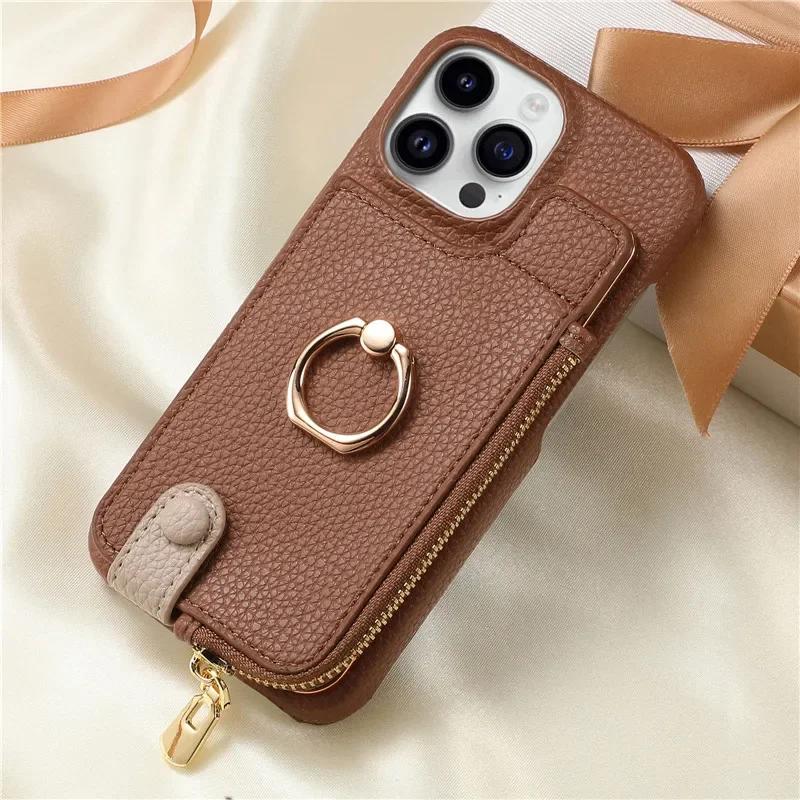 Leather Zipper Wallet with Card Holder Phone Case for IPhone 16E 16 15 14 13 12 11 Pro Max XS XR 7 8 Plus Ring Kickstand Cover