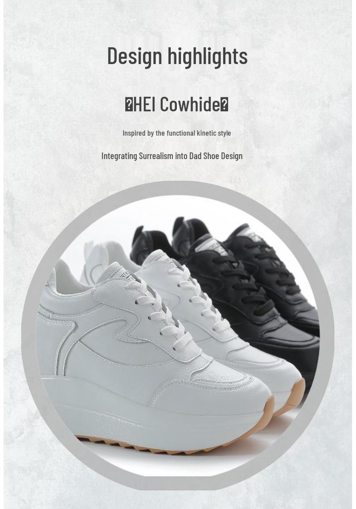 Women's White Genuine Leather Platform Shoes - 10cm Height Increase, Thick Sole, Versatile for All Seasons