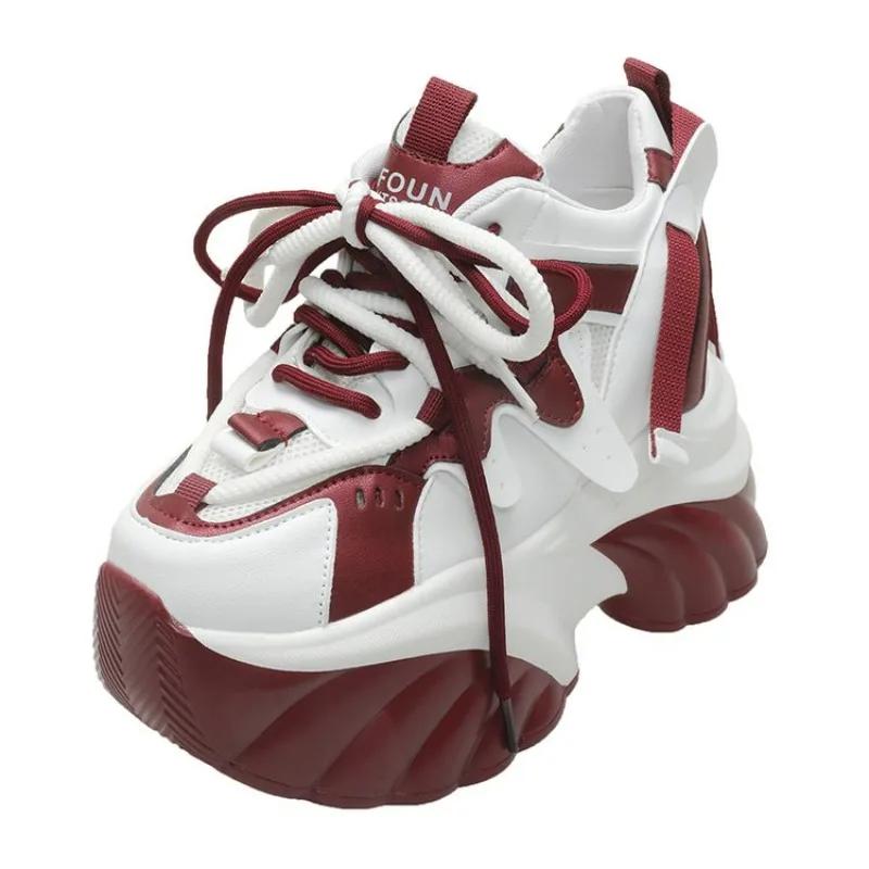 Fashion Women high-quality Platform Casual Leather Shoes 2025 New spring Lace-up Chunky Sneakers Wedges Hidden Heels Leisure Shoes Woman