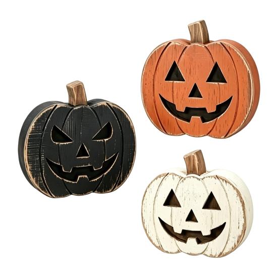 Indoor Halloween Ornaments 3Pcs Pumpkin Tabletop Decor, Rustic Face Wooden Block Small Decorative Figurines Ornaments, Farmhouse Desktop Craft