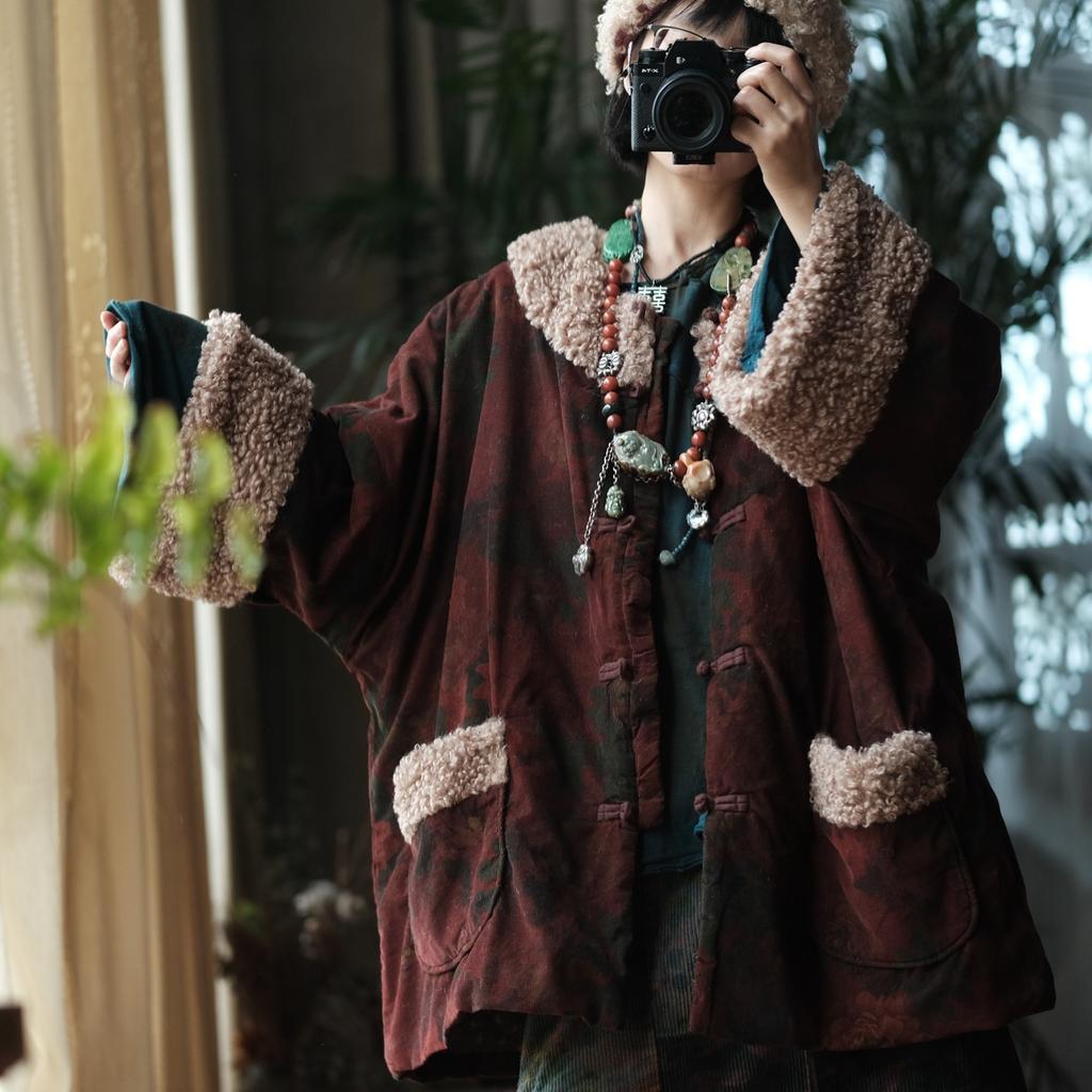 Johnature Women Plaid Khaki Vintage Button Long Sleeve Coats Winter Chinese Style Patchwork Blend Pockets Coats