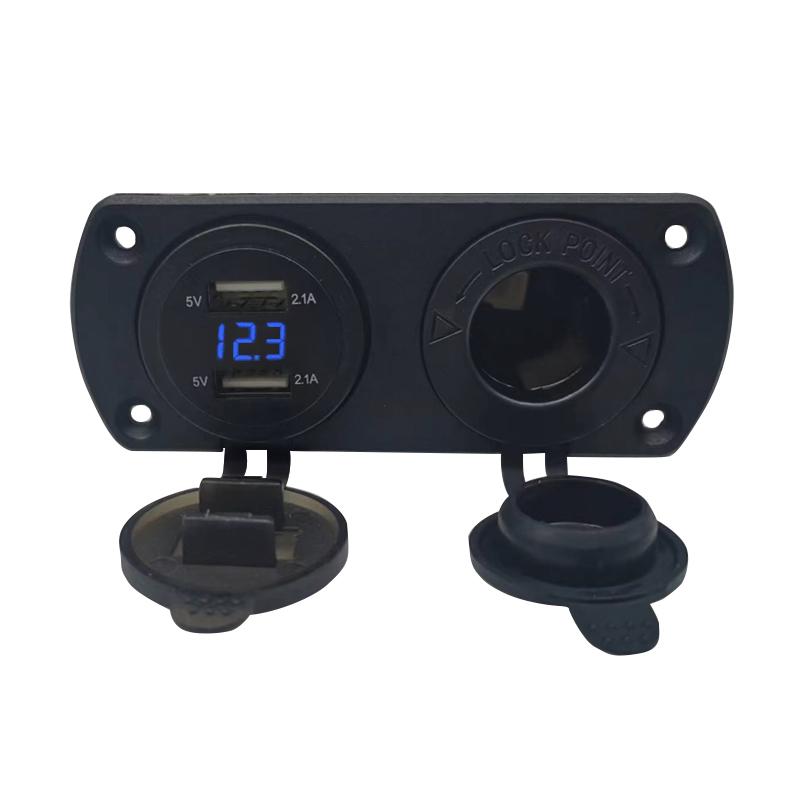 Two Hole Tent Base 4.2A Dual USB Voltmeter Charger 12V/24V Cigarette Lighter Power Socket for Car Motorcycle Boat Marine ATV RV