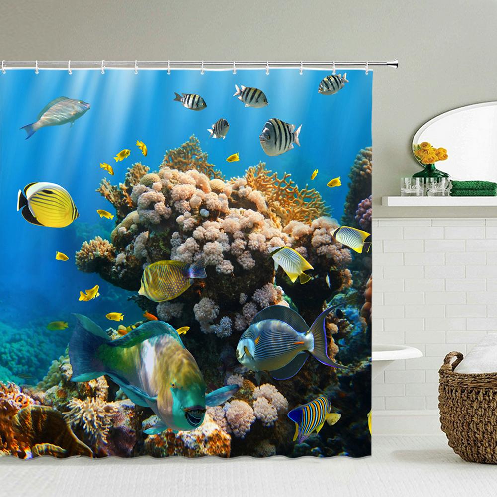 Cortina de Chuveiro para Banho de Golfinho Oceânico Desenho Animado, Tela Impermeável para Banheiro Cortina de Chuveiro para Banho de Animal Marinho Poliéster Alta Qualidade Cortina para Casa