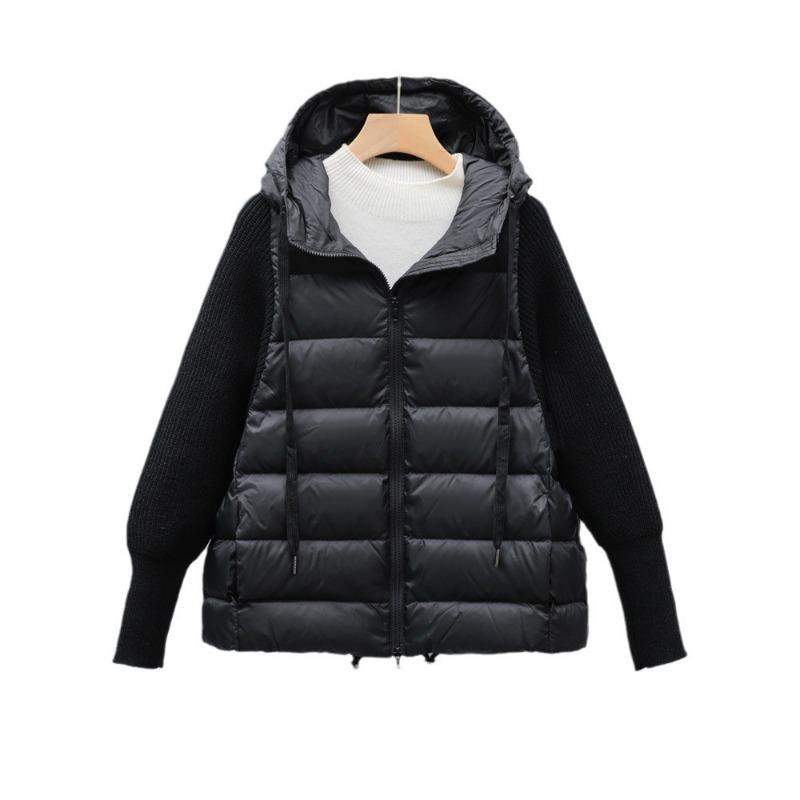 Feather new women's 90 fleece women's clothing long-sleeved knitted sleeves hooded solid color down jacket simple coat