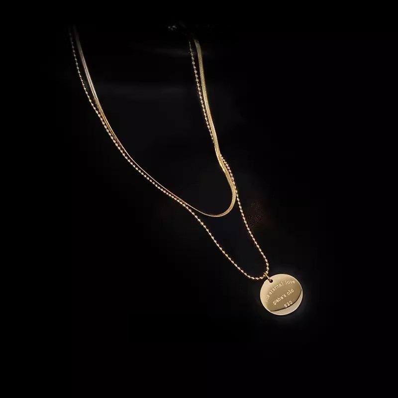 European and American Retro Niche Neck Chain Double-layer Stacked Round Brand Pendant Necklace Cold Titanium Steel Clavicle Chain