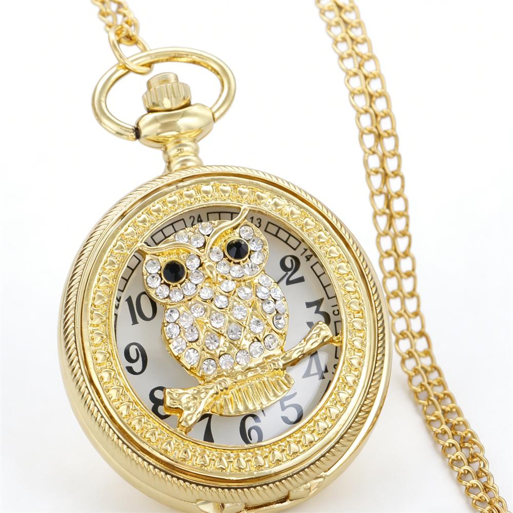 

Elegant Vintage Retro Popular Gold Pocket Watch Crystal Inlaid Owl Pendant Watch for Casual Daily Wear and Party Accessories чорний